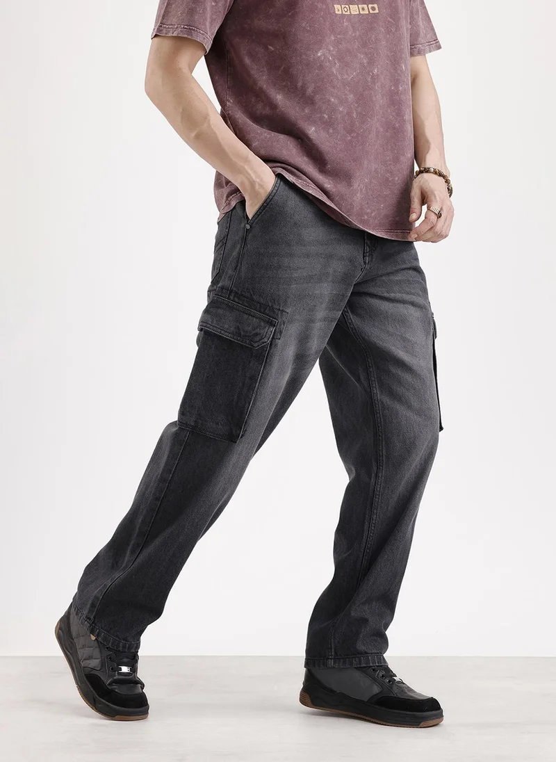 Washed Loose Fit Cargo Denim   |  Grey